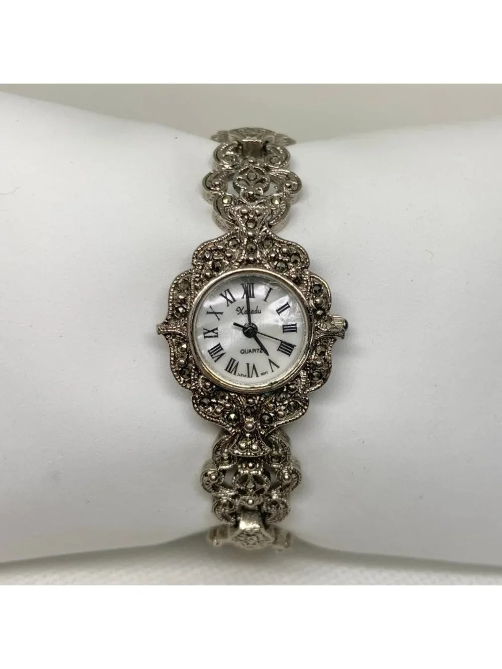 Xanadu silver tone Marcasite women watch vintage 20mm quartz mop dial 6” running